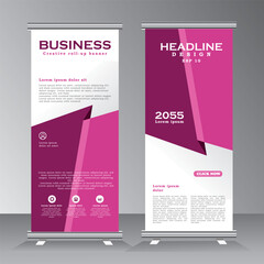Roll up banner stand template with abstract background, roll up banner tempalte for  business, education, advertisement. purple color roll up banner design. Vector illustration.