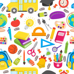  Back to school seamless pattern with different school elements. 