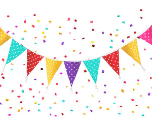 Colorful party flags with confetti on a black background.  Perfect for celebration, birthday, or party decorations.