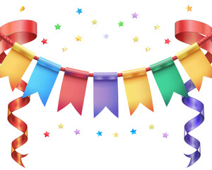 Colorful party banner with ribbons and confetti on black background. Perfect for festive occasions and celebrations.