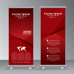 Roll up banner stand template witgh abstract background, roll up banner tempalte for  business, education, advertisement. red color roll up banner design. Vector illustration.