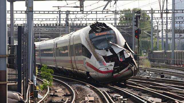 Massive train derail. Dramatic night scene of a head-on collision between two trains 