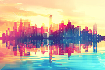 A modern city skyline rendered in vector format with bright, colorful effects, side view, illustrating the fusion of technology and creativity, scifi tone, Analogous Color Scheme.