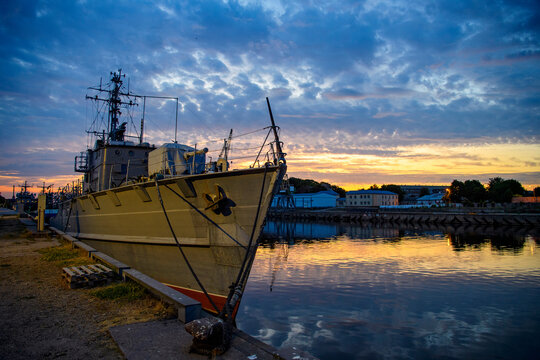 Old warship. Sunset in Liepaja, the Batlic Sea, Latvia