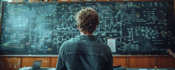 A student solving quantum physics equations on a chalkboard
