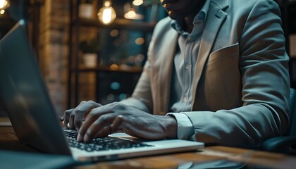 Businessman working on laptop in modern office setting