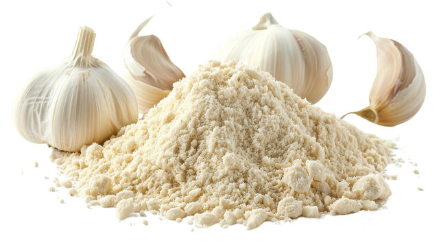 Garlic powder and fresh garlic bulbs on a white background.
