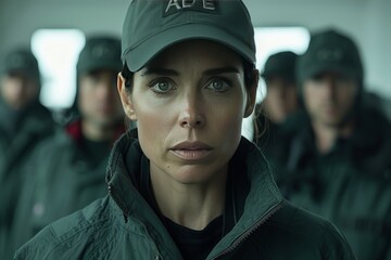 Woman in Green Jacket and Cap Standing With Others in a Military Setting