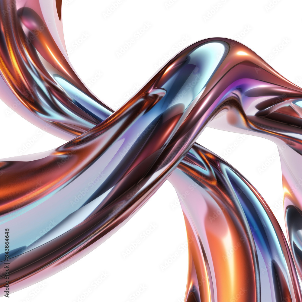 Poster abstract metallic twisted shapes in vibrant colors, 3d render with smooth reflective surfaces