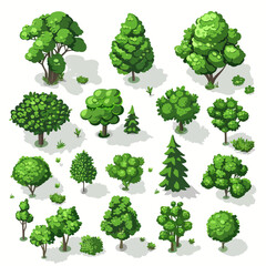 a set of different trees and bushes