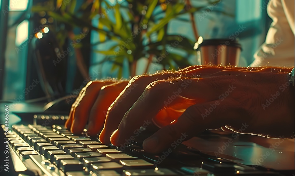 Poster Man's hands on laptop with coding screen in modern office