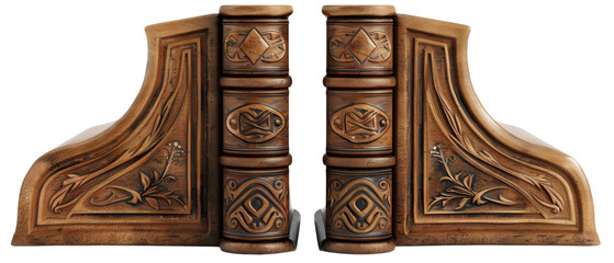 Ornate wooden bookends with intricate carvings.