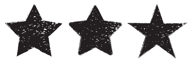 Obraz premium Star icons with grunge texture set. Vintage retro style. Design elements. Black silhouette, isolated on black background. Grungy artistic template. Distressed symbol. Paint brush. Vector illustration