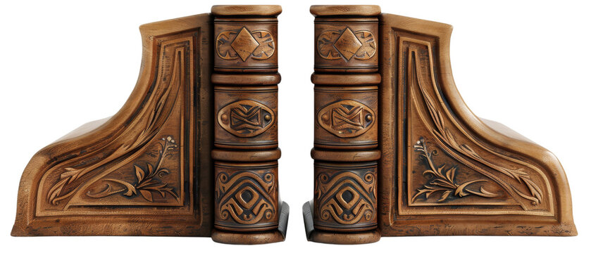 Ornate wooden bookends with intricate carvings.