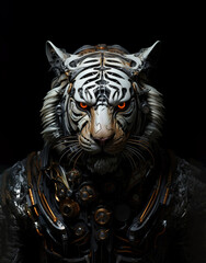 Obraz premium Digital art of a powerful tiger wearing a sleek metal robotic suit. The tiger stands heroically in a fighting stance, with a black background. Wildlife Animals.