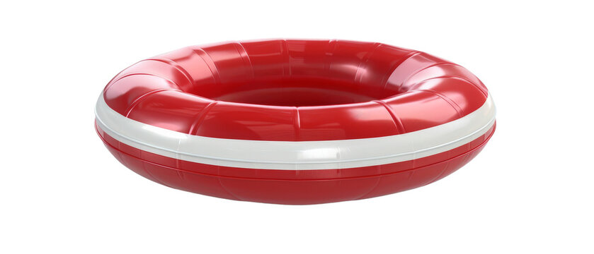 Red and white inflatable pool ring isolated on black background.