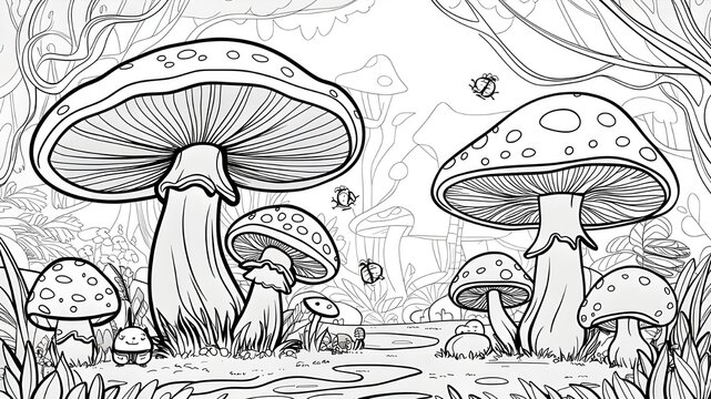Coloring page: mushroom fungi art illustration, coloring page for children's coloring book.