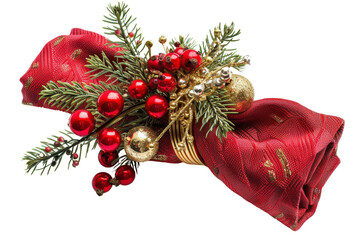 Red napkin with a festive Christmas decoration including holly, berries, and a golden ring.