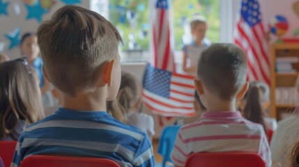 schoolchildren learning the history and symbolism of the american flag natural light classroom scene