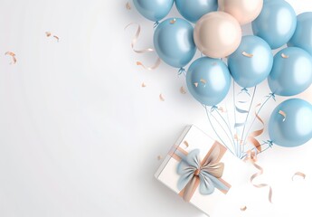 Happy Birthday Greeting card with Blue Balloons, a White present box and ribbon  on a white background. Birthday greeting card design for gift decoration or a web banner template.
