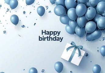 Happy Birthday Greeting card with Blue Balloons, a White present box and ribbon  on a white background. Birthday greeting card design for gift decoration or a web banner template.