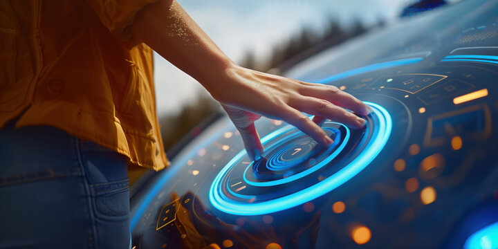 A persons hand using an interactive experience portal, bright, modern futuristic, photorealistic