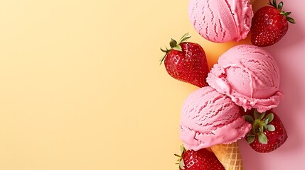 Ice cream with strawberry cut out pink brown yellow background