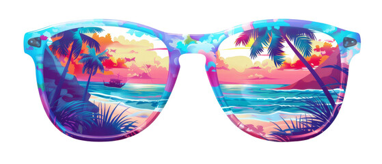 Sunglasses reflecting tropical sunset beach scene.