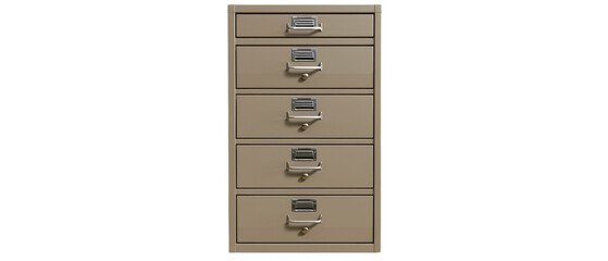Tan metal file cabinet with five drawers.