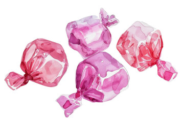 Fototapeta premium Three colorful candies wrapped in pink and red paper.