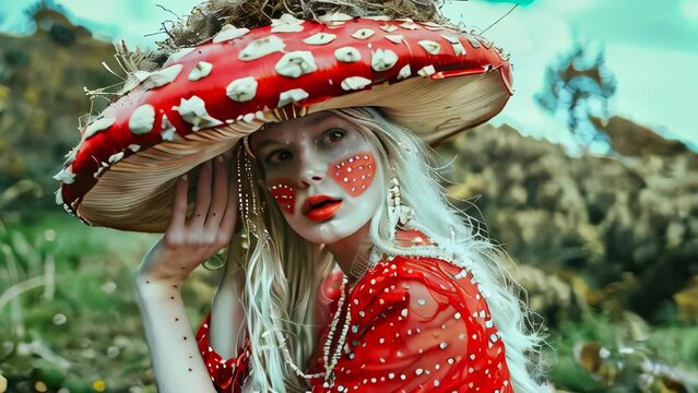 An eccentric woman with a big mushroom hat