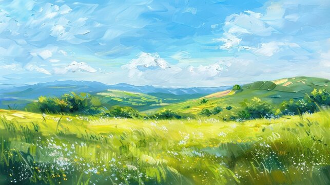 serene countryside landscape with rolling green hills and clear blue sky oil painting