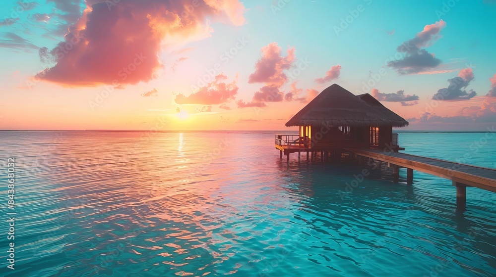 Wall mural serene sunset at a luxurious maldives island resort tropical paradise landscape