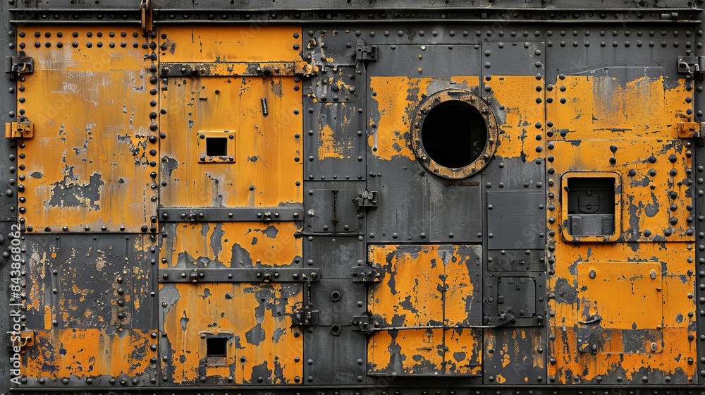 Poster a texture with cracks and peeling paint, where black and gold pieces create a contrasting and abstra