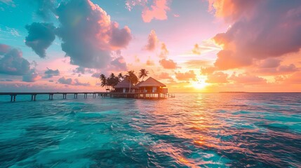 serene sunset at a luxurious maldives island resort tropical paradise landscape