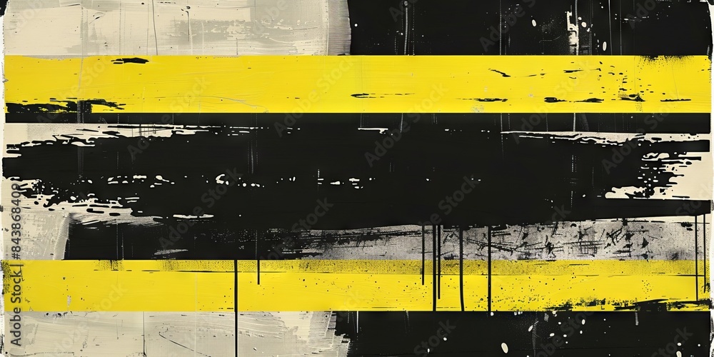 Poster Abstract painting in yellow and gray colors. geometric pattern, complemented by chaotic strokes and splashes.