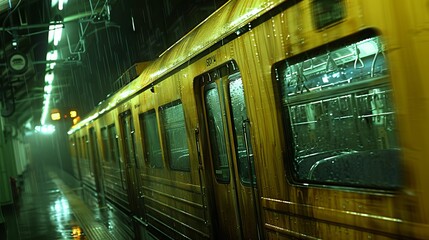 A metro train stands at the station during a night rainfall, a gloomy and mysterious atmosphere.
themes of horror, disasters and scary dreams, ideal for films, urban legends or apocalyptic scenarios.