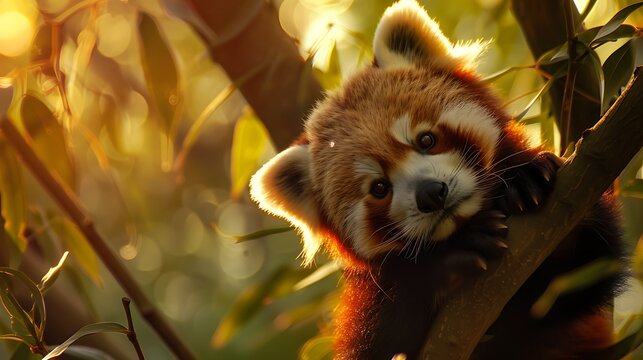 Red mini panda climbe on tree