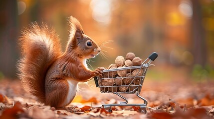 Red squirrel goes shopping with the small shopping cart full of walnuts © QAISAR