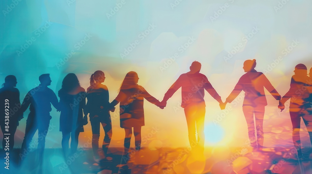 Poster silhouetted figures of a diverse group of volunteers joining hands symbolizing unity compassion and 