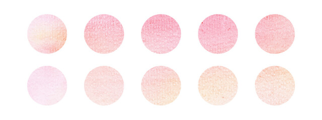 Light Watercolor elements drawn on paper. Circle Frames of peach background. Hand drawn collection in watercolor spots. Delicate Paper texture.