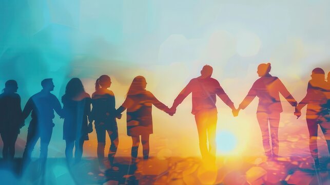 silhouetted figures of a diverse group of volunteers joining hands symbolizing unity compassion and the power of working together for a common cause double exposure photograph