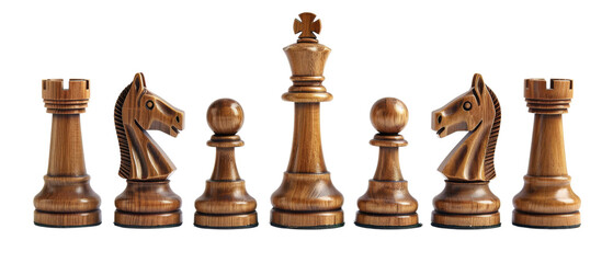 Wooden chess pieces in a row, including king, knights, pawns.