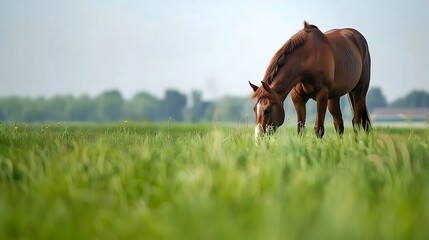 Red thoroughbred horse grazing grass on pasture animal farm