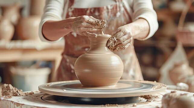 skilled artisan sculpting clay vase on pottery wheel creative ceramic craftsmanship