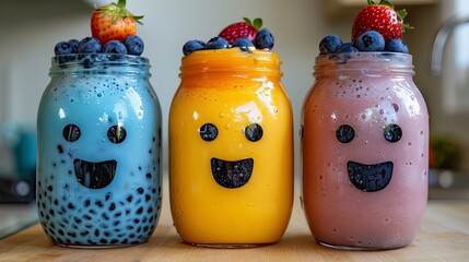 Colorful bubble tea decorated with tapioca bubbles, jelly and fresh berries in clear glasses.
Concept: cafes and tea bars, drink promotions and culinary festivals.