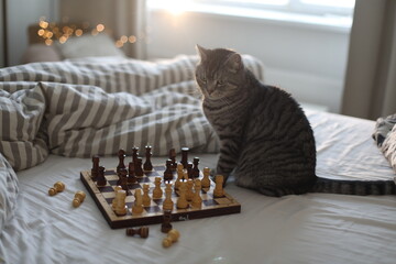 Grey cat playing with carved wooden chess pieces on a chessboard on bed. Strategy thinking. Morning ideas concept. cozy home with unmade bedding sheets and blanket
