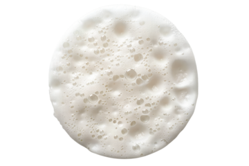 Foam on circle piece of soap with bubbles. Soap for hygiene, clean wash. Isolated on transparent background