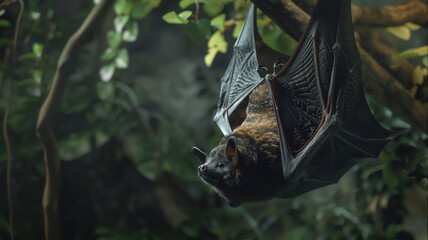 Obraz premium A large bat hanging upside down on a branch, with its wings open and its fur visible. close-up, Blurred background among greenery.
