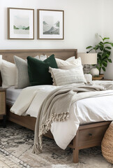 A bedroom with a wooden bed, white and beige bedding, dark green pillows on the right side of it, wall art frames above the headboard, neutral tones, natural lighting, soft textures, cozy atmosphere.